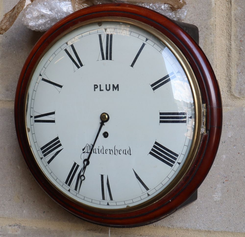 A Victorian mahogany fusee wall dial, marked PLUM Maidenhead, diameter 36cm Mho